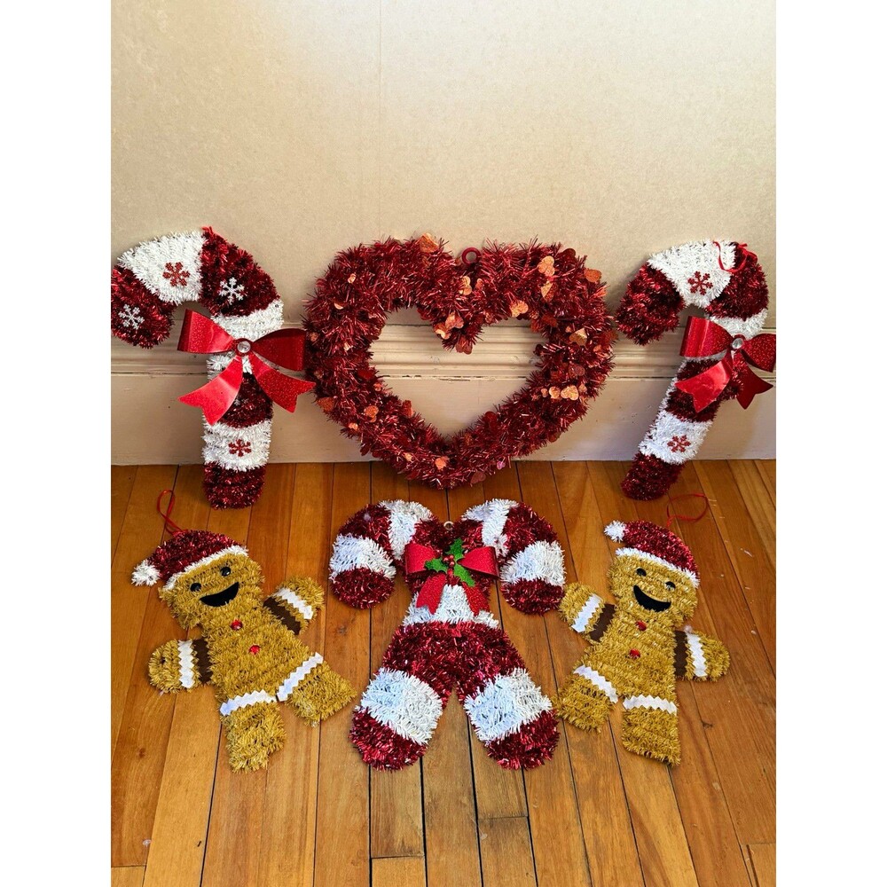 Artificial Tinsel Christmas Wreath Door Decor Candy Cane Gingerbread Red/Gold
